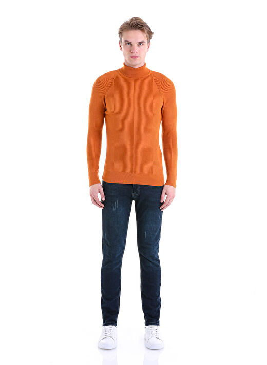 Turuncu Slim Fit  Balıkçı Yaka Triko Kazak 4