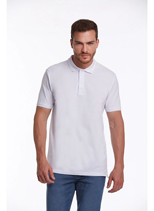 Beyaz Regular Fit Düz 100% Pamuklu Polo Yaka Tişört 2