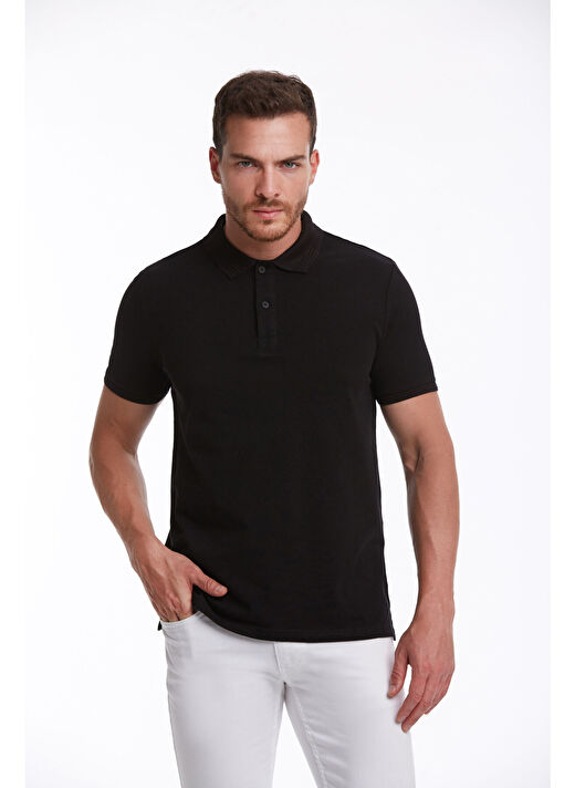 Siyah Regular Fit Düz 100% Pamuklu Polo Yaka Tişört 1