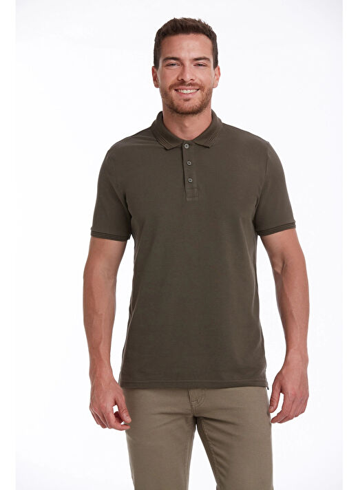 Haki Regular Fit Düz 100% Pamuklu Polo Yaka Tişört 2