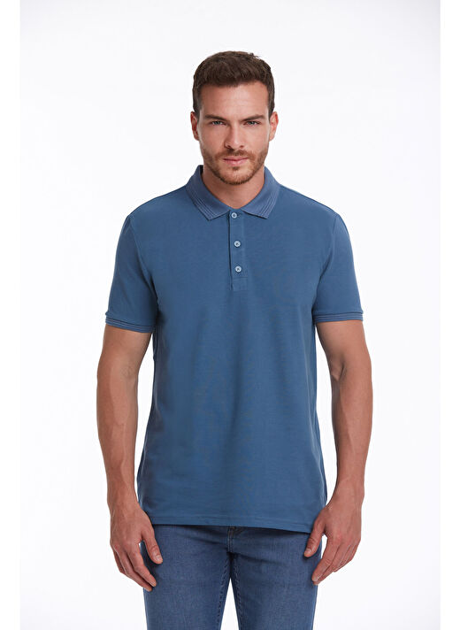 indigo Regular Fit Düz 100% Pamuklu Polo Yaka Tişört 3