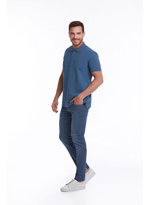 indigo Regular Fit Düz 100% Pamuklu Polo Yaka Tişört 4