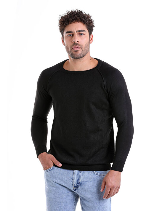 Siyah Regular Fit Bisiklet Yaka Triko Yün Kazak 2