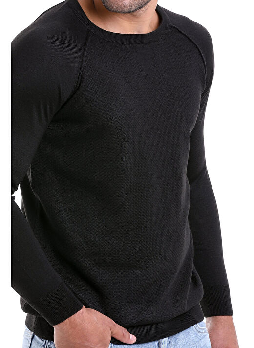 Siyah Regular Fit Bisiklet Yaka Triko Yün Kazak 4