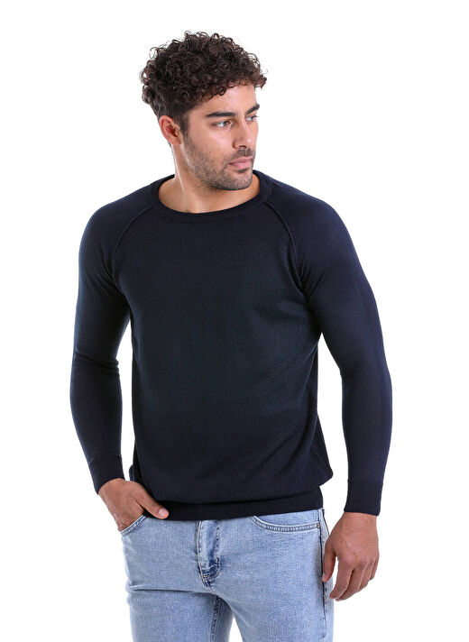 Lacivert Regular Fit Bisiklet Yaka Triko Yün Kazak 2
