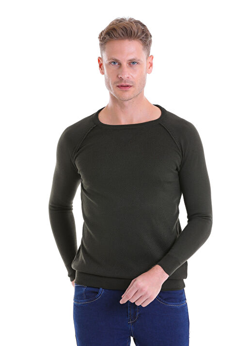 Haki Regular Fit Bisiklet Yaka Triko Yün Kazak 1