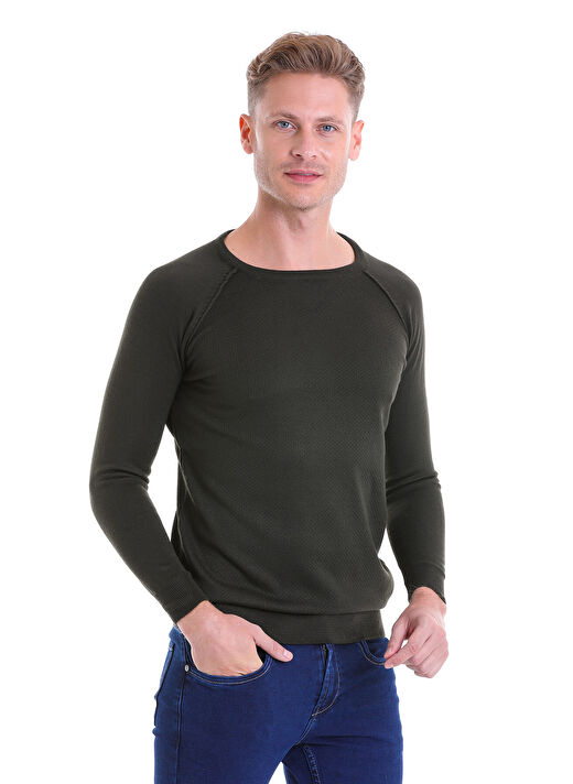 Haki Regular Fit Bisiklet Yaka Triko Yün Kazak 2