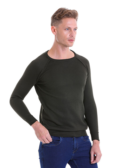 Haki Regular Fit Bisiklet Yaka Triko Yün Kazak 3