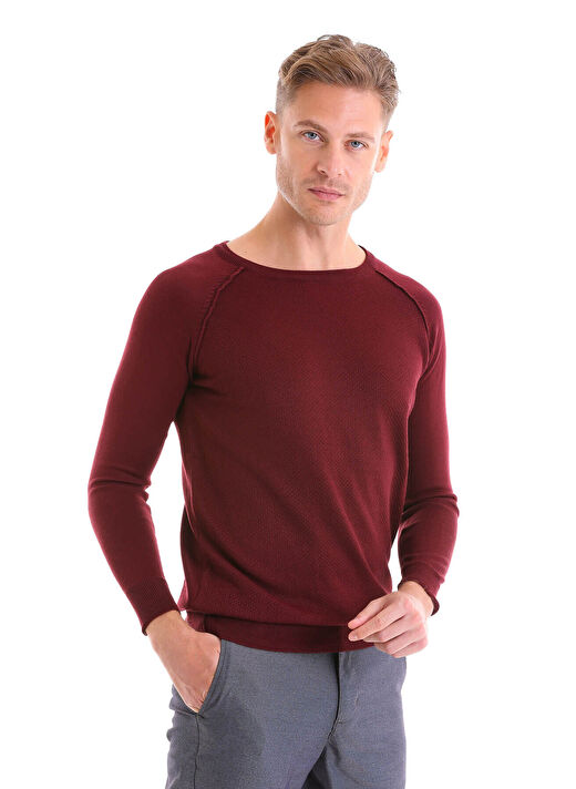 Bordo Regular Fit Bisiklet Yaka Triko Yün Kazak 3