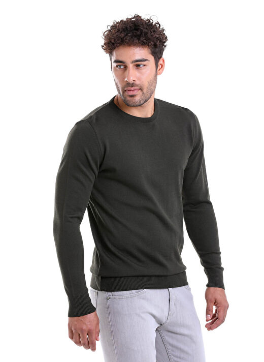 Haki Comfort Fit Düz Bisiklet Yaka Yünlü Kazak 2