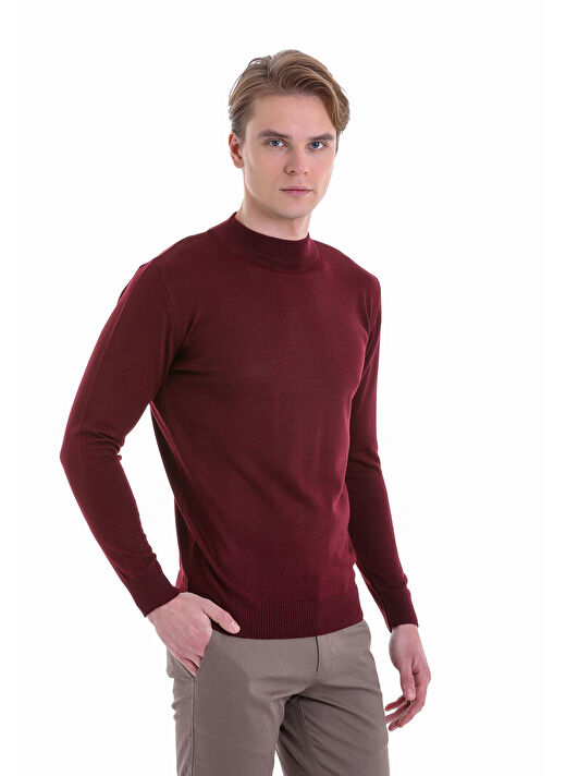 Bordo Comfort Fit Düz Yarım Balıkçı Yaka Yünlü Kazak 1