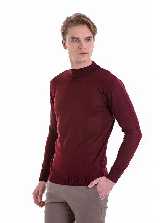 Bordo Comfort Fit Düz Yarım Balıkçı Yaka Yünlü Kazak 2