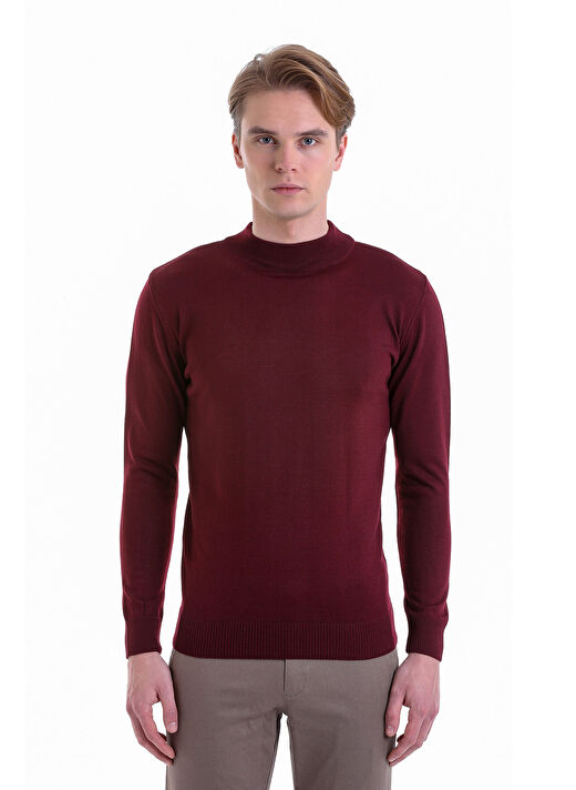 Bordo Comfort Fit Düz Yarım Balıkçı Yaka Yünlü Kazak 3