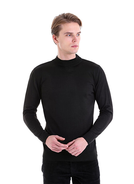 Siyah Comfort Fit Düz Yarım Balıkçı Yaka Yünlü Kazak 2