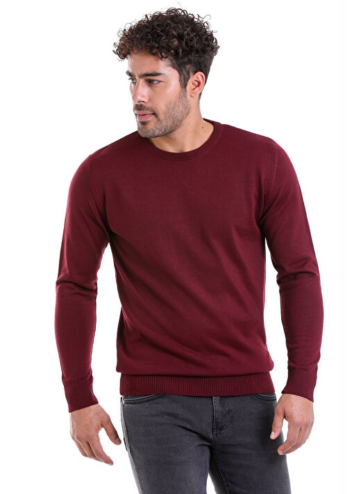 Bordo Comfort Fit Düz Bisiklet Yaka Yünlü Kazak 2