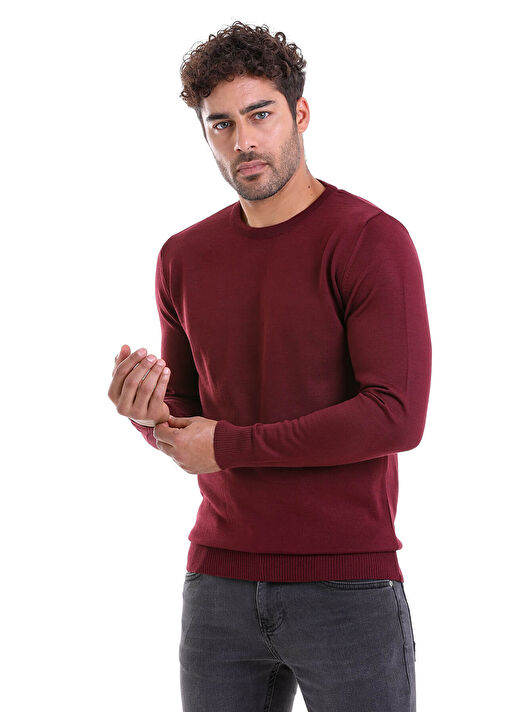 Bordo Comfort Fit Düz Bisiklet Yaka Yünlü Kazak 3