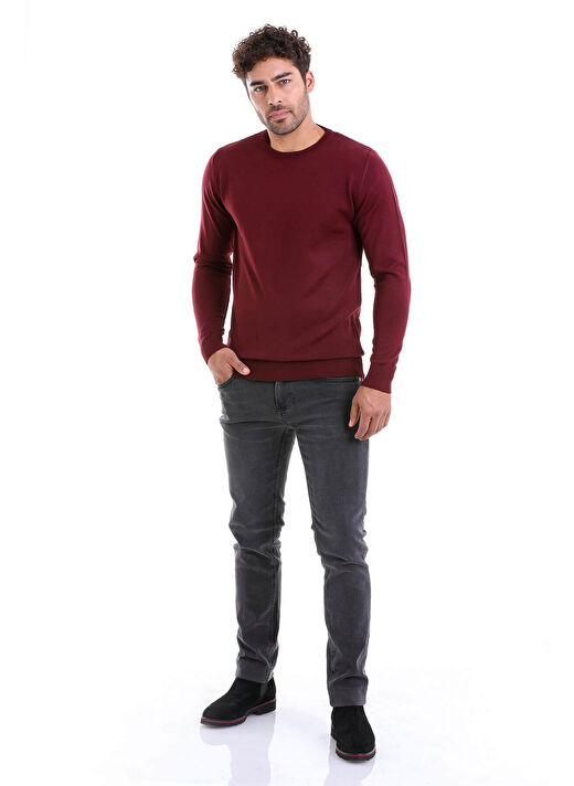 Bordo Comfort Fit Düz Bisiklet Yaka Yünlü Kazak 4
