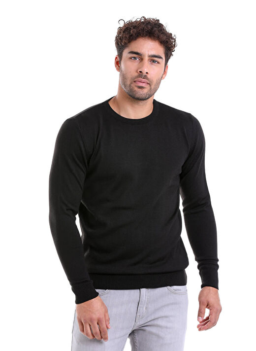 Siyah Comfort Fit Düz Bisiklet Yaka Yünlü Kazak 1