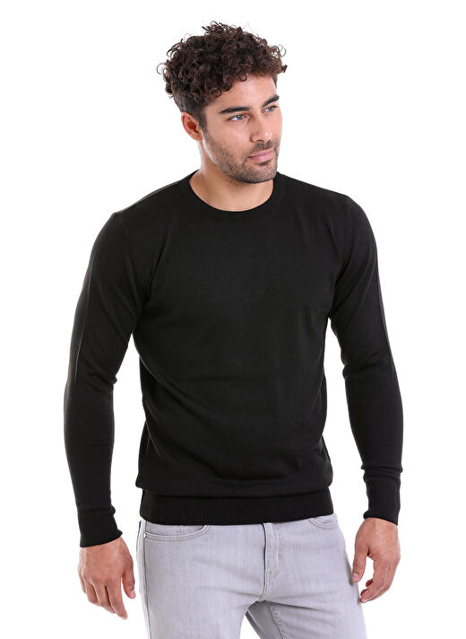 Siyah Comfort Fit Düz Bisiklet Yaka Yünlü Kazak 2