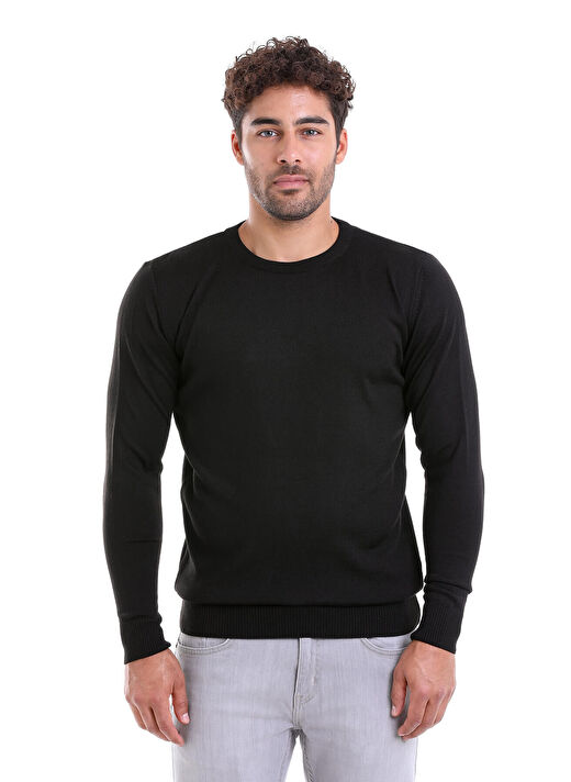 Siyah Comfort Fit Düz Bisiklet Yaka Yünlü Kazak 3