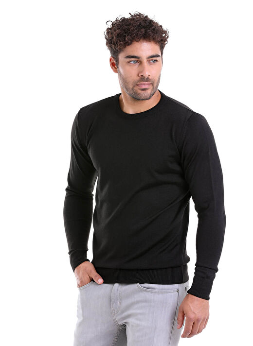 Siyah Comfort Fit Düz Bisiklet Yaka Yünlü Kazak 4