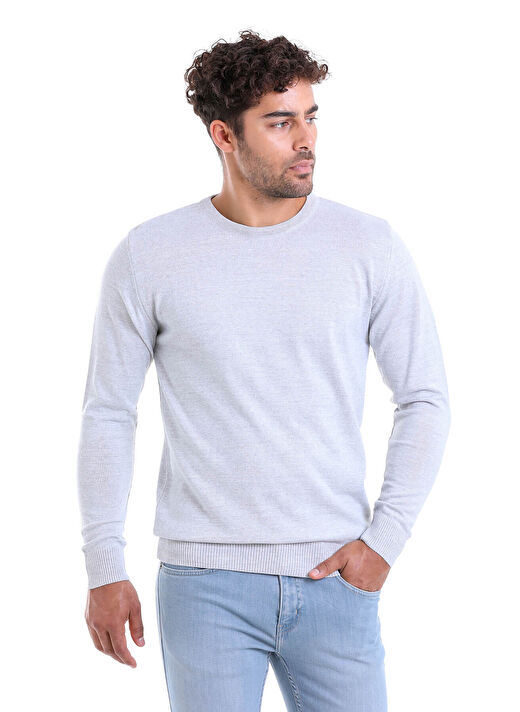 Gri Comfort Fit Düz Bisiklet Yaka Yünlü Kazak 2