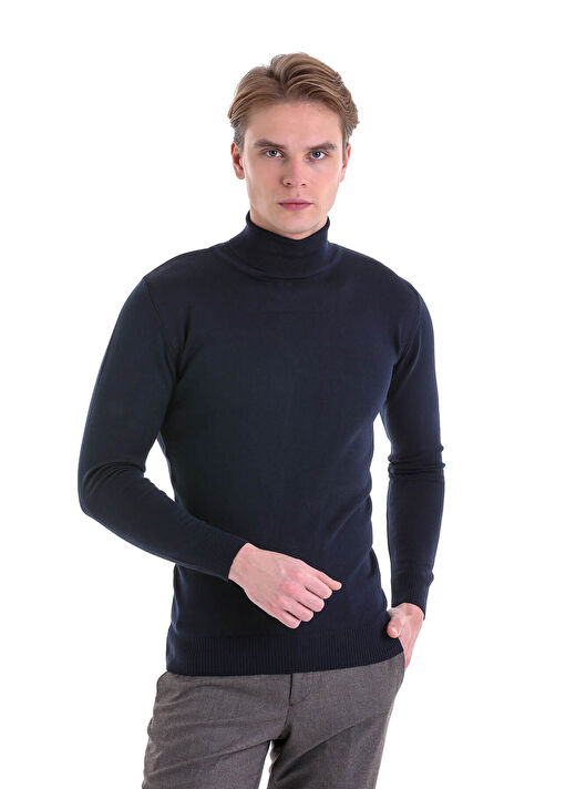 Lacivert Comfort Fit Düz Bisiklet Yaka Yünlü Triko Kazak 3