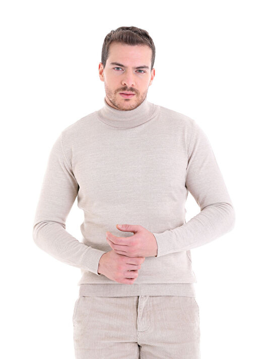 Bej Comfort Fit Düz Bisiklet Yaka Yünlü Triko Kazak 1