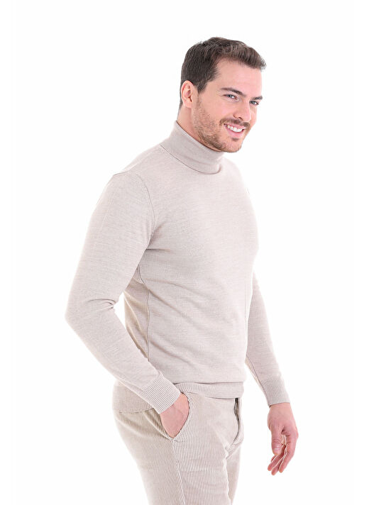 Bej Comfort Fit Düz Bisiklet Yaka Yünlü Triko Kazak 2