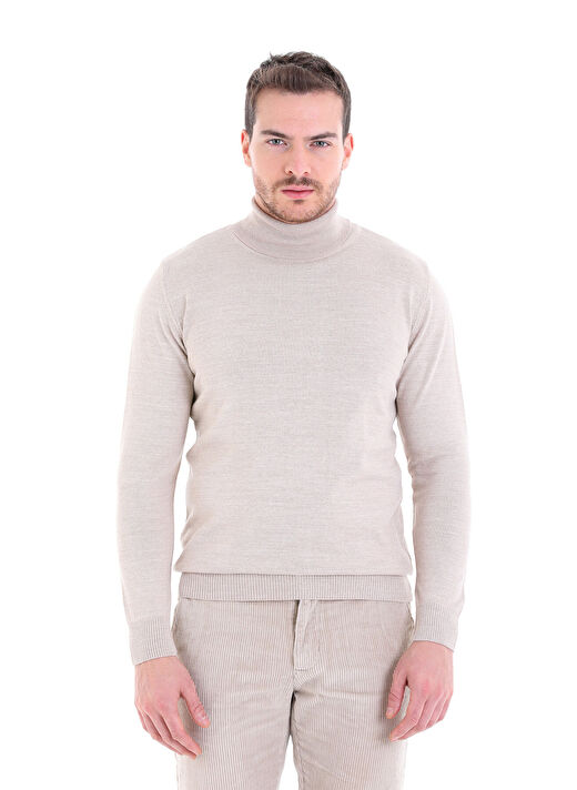 Bej Comfort Fit Düz Bisiklet Yaka Yünlü Triko Kazak 3