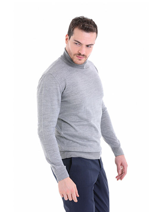 Gri Comfort Fit Düz Bisiklet Yaka Yünlü Triko Kazak 2