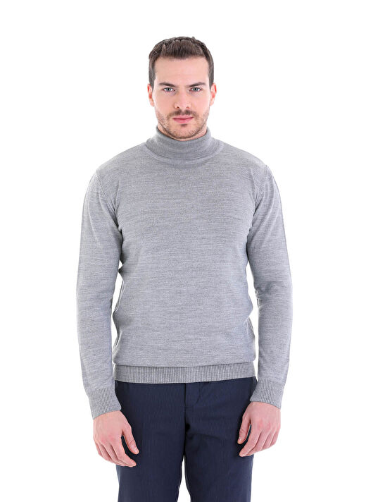 Gri Comfort Fit Düz Bisiklet Yaka Yünlü Triko Kazak 3