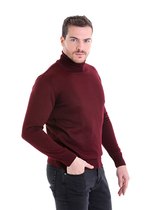 Bordo Comfort Fit Düz Bisiklet Yaka Yünlü Triko Kazak 1