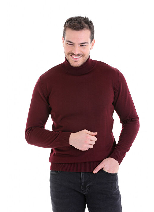Bordo Comfort Fit Düz Bisiklet Yaka Yünlü Triko Kazak 2