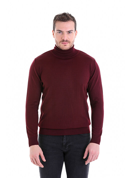 Bordo Comfort Fit Düz Bisiklet Yaka Yünlü Triko Kazak 3