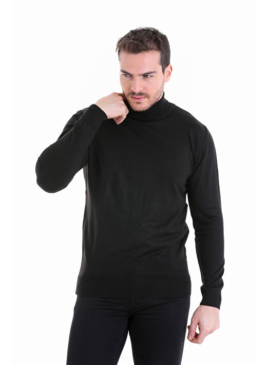 Siyah Comfort Fit Düz Bisiklet Yaka Yünlü Triko Kazak 2