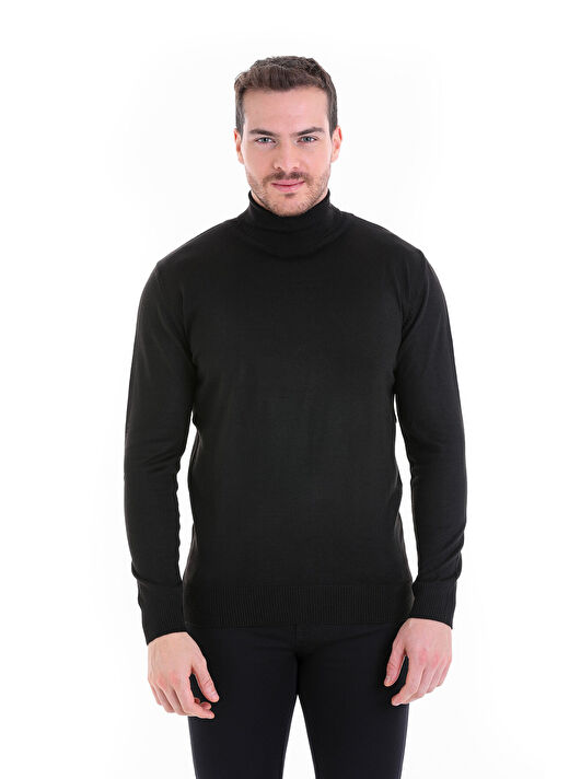 Siyah Comfort Fit Düz Bisiklet Yaka Yünlü Triko Kazak 3
