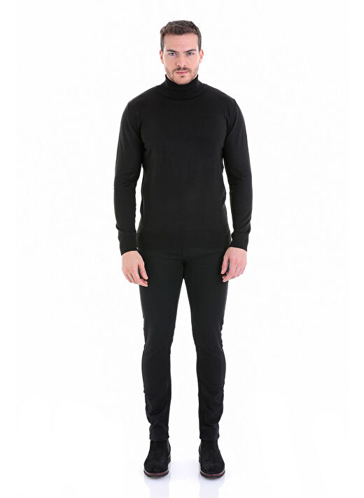 Siyah Comfort Fit Düz Bisiklet Yaka Yünlü Triko Kazak 4
