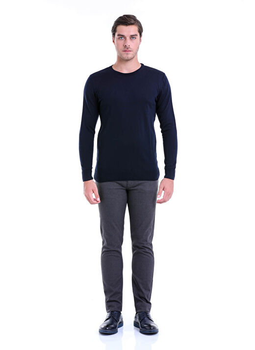 Lacivert Comfort Fit Düz Bisiklet Yaka Yünlü Kazak 2