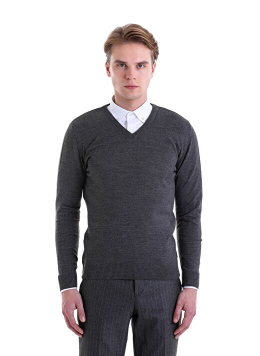 Gri Comfort Fit Düz V Yaka Yünlü Kazak 3