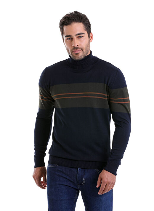 Lacivert Comfort Fit Jakarlı Balıkçı Yaka Yünlü Kazak 1