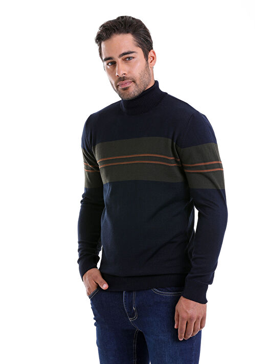 Lacivert Comfort Fit Jakarlı Balıkçı Yaka Yünlü Kazak 3