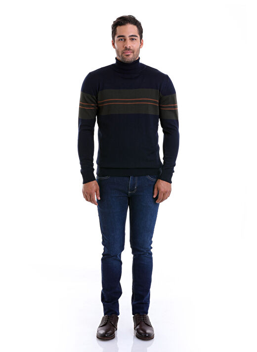 Lacivert Comfort Fit Jakarlı Balıkçı Yaka Yünlü Kazak 4