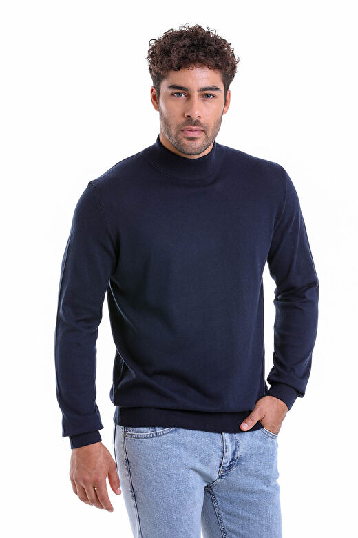 Lacivert Regular Fit Düz 100% Pamuk Yarım Balıkçı Yaka Triko Kazak 2