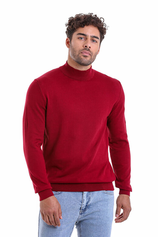 Bordo Regular Fit Düz 100% Pamuk Yarım Balıkçı Yaka Triko Kazak 1