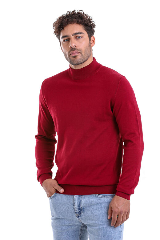 Bordo Regular Fit Düz 100% Pamuk Yarım Balıkçı Yaka Triko Kazak 2