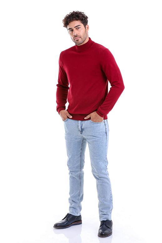 Bordo Regular Fit Düz 100% Pamuk Yarım Balıkçı Yaka Triko Kazak 3
