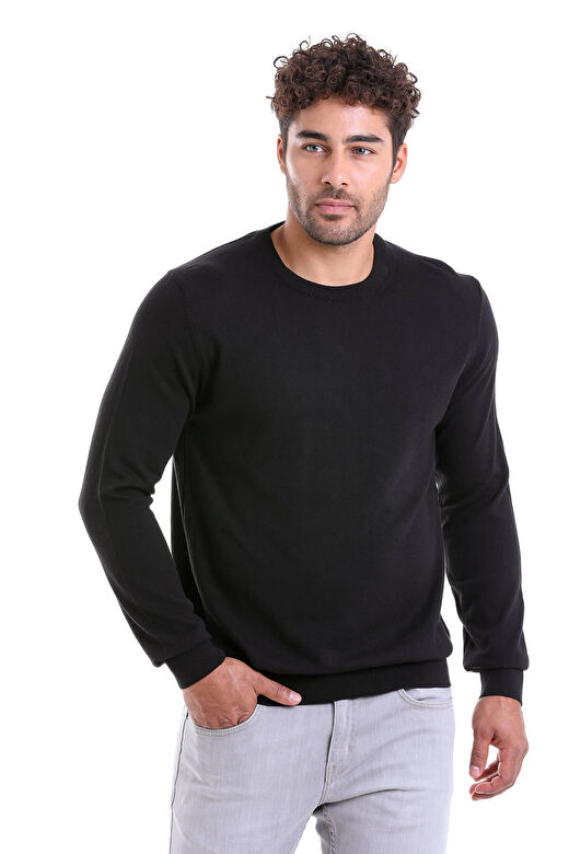 Siyah Regular Fit Bisiklet Yaka 100% Pamuklu Triko Kazak 1
