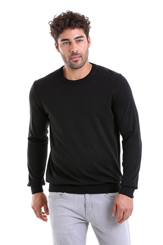 Siyah Regular Fit Bisiklet Yaka 100% Pamuklu Triko Kazak 2