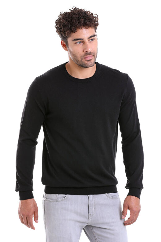 Siyah Regular Fit Bisiklet Yaka 100% Pamuklu Triko Kazak 3